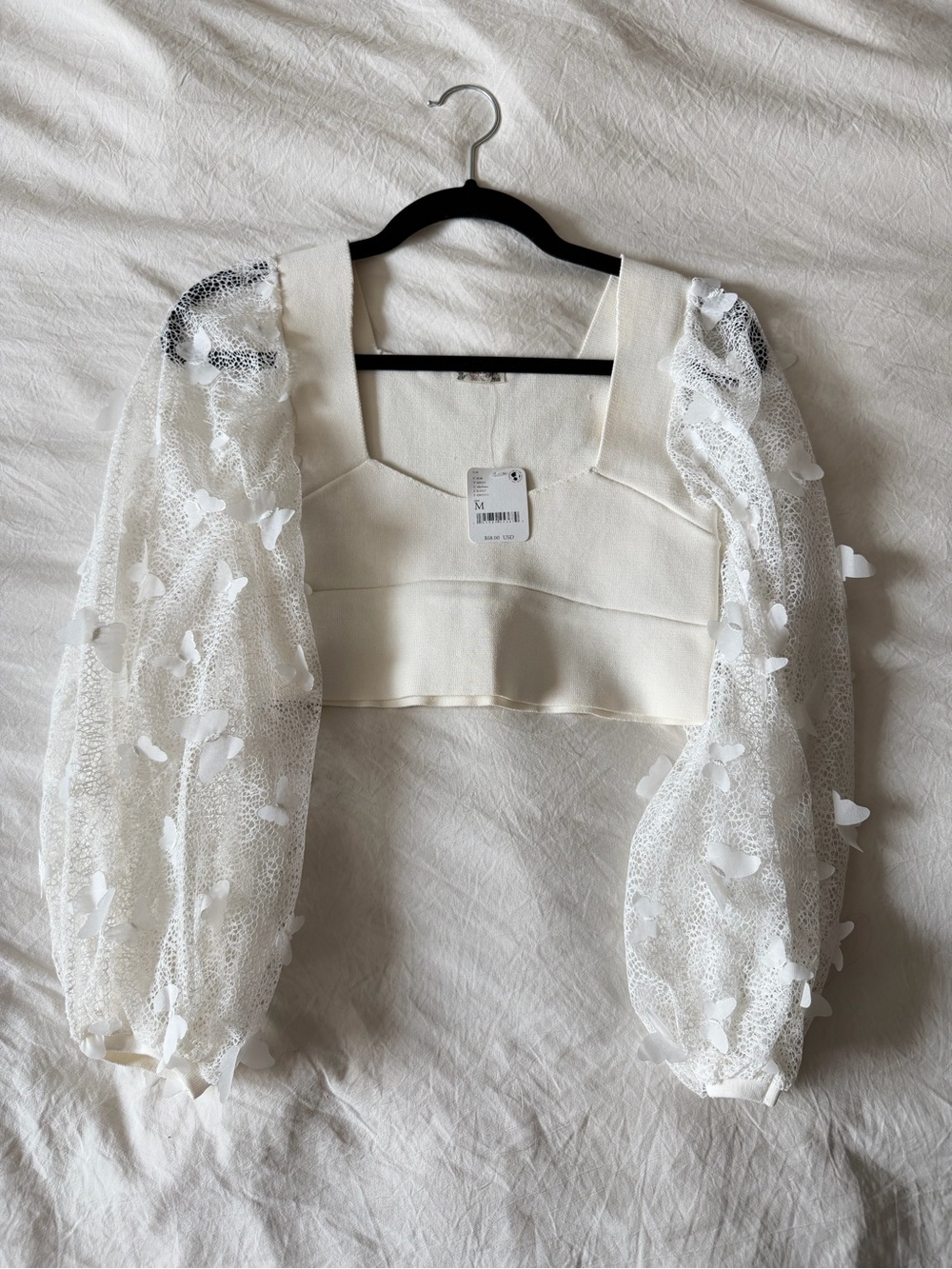 Free People White Puff-Sleeve Cropped Top with 3D Butterfly Detail